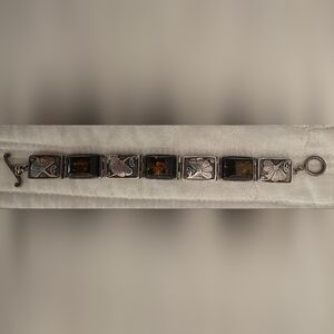 Lori Bonn 925 Sterling Silver Amber& Ginko Leaf Panel Link w/ Toggle Bracelet